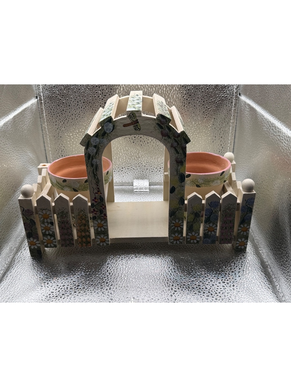 Hand-Painted Wooden Garden Arch with Terra Cotta Pots and Floral Design